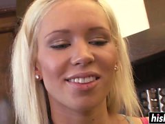 Skinny blonde makes a cock disappear