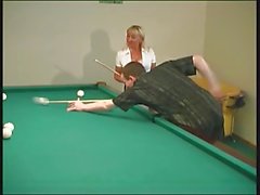 Mature pretty lady with big boobs & young billiards player