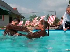 Pool catfight between two hot brunette milfs