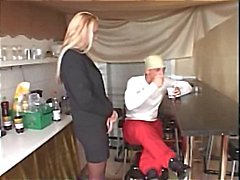 Hot mature blonde gets hammered hard in the tiny kitchen gets cum on tits